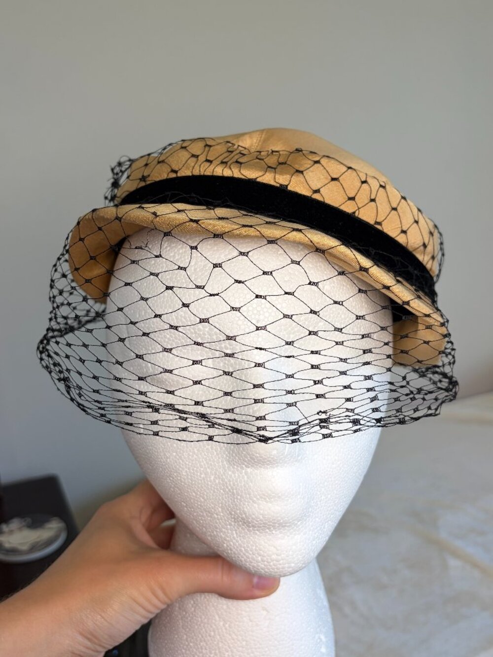 50s Effeness Modes Vintage Gold Satin Birdcage Veil Hat Asymmetrical Pillbox